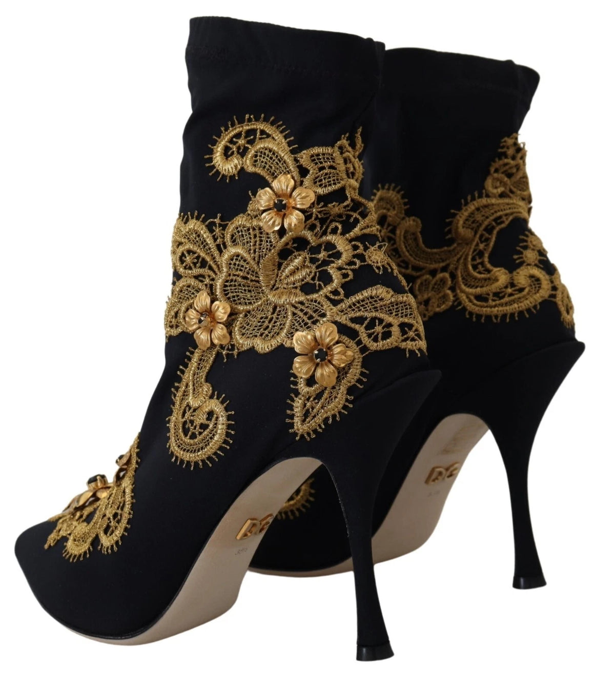 Dolce & Gabbana Black Gold Embroidery Crystal Ankle Boots
