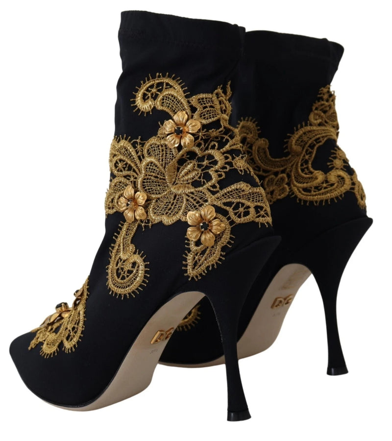 Dolce & Gabbana Black Gold Embroidery Crystal Ankle Boots