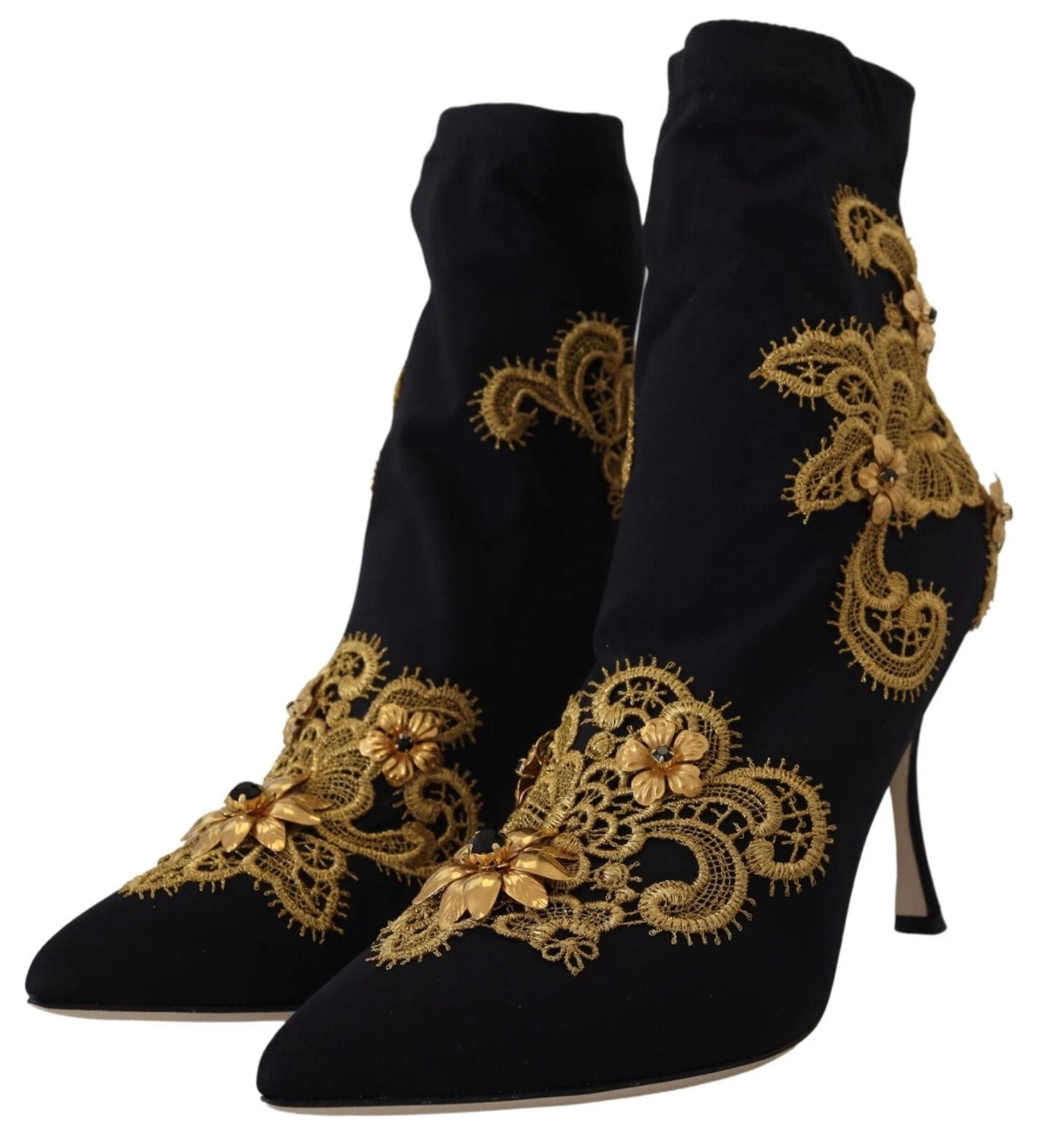 Dolce & Gabbana Black Gold Embroidery Crystal Ankle Boots