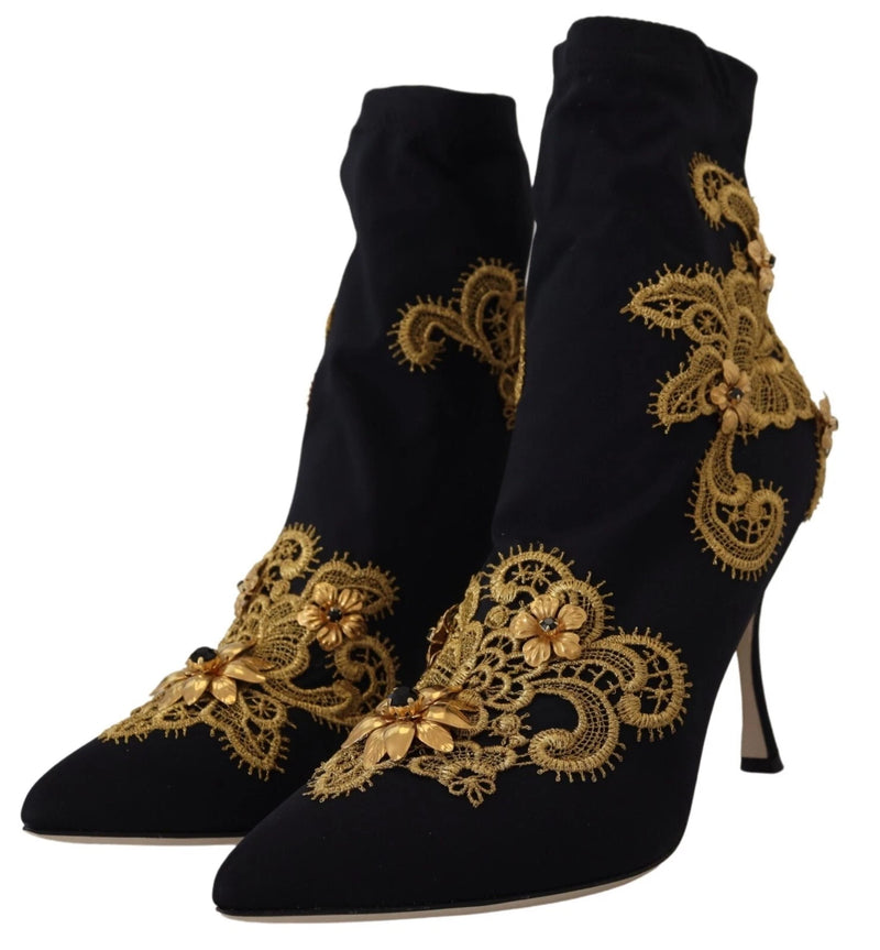 Dolce & Gabbana Black Gold Embroidery Crystal Ankle Boots