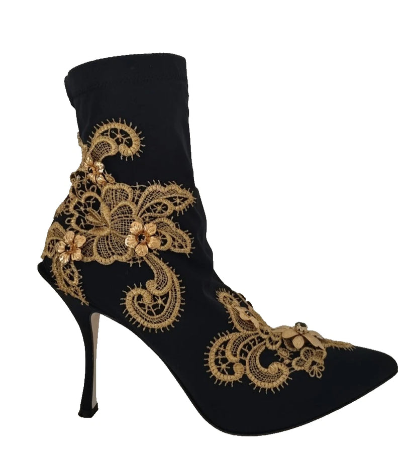 Dolce & Gabbana Black Gold Embroidery Crystal Ankle Boots