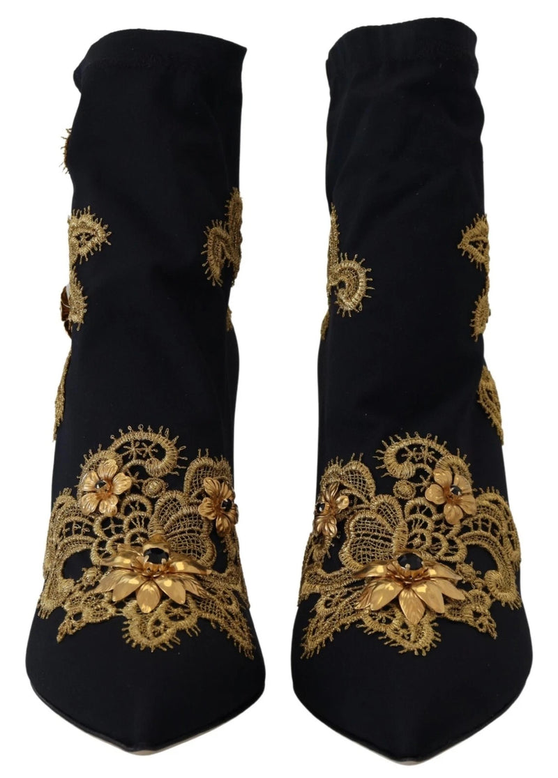 Dolce & Gabbana Black Gold Embroidery Crystal Ankle Boots