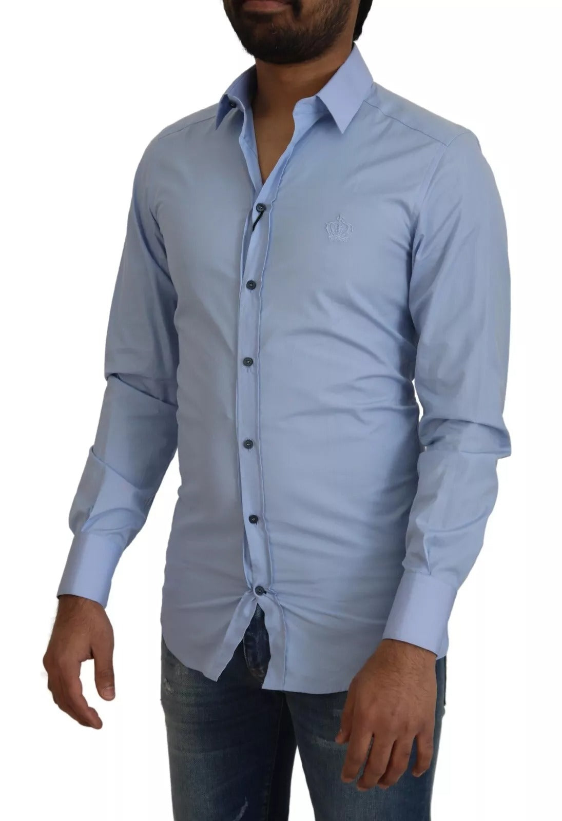 Chemise de ville à manches longues en coton bleu clair, coupe ajustée, Dolce &amp; Gabbana