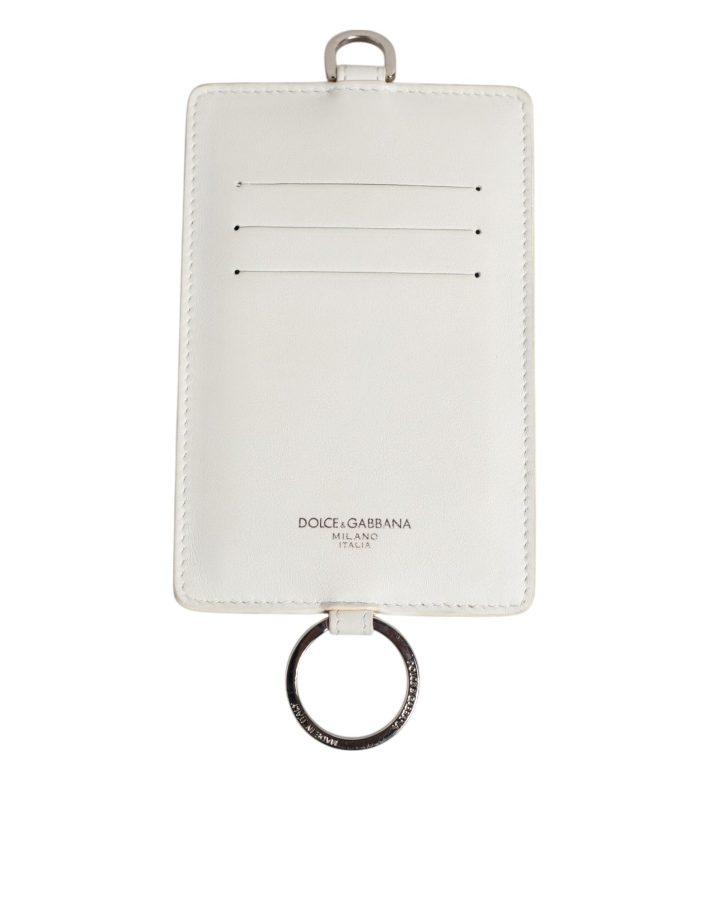 Porte-cartes homme Dolce & Gabbana en cuir de veau blanc avec cordon et logo.