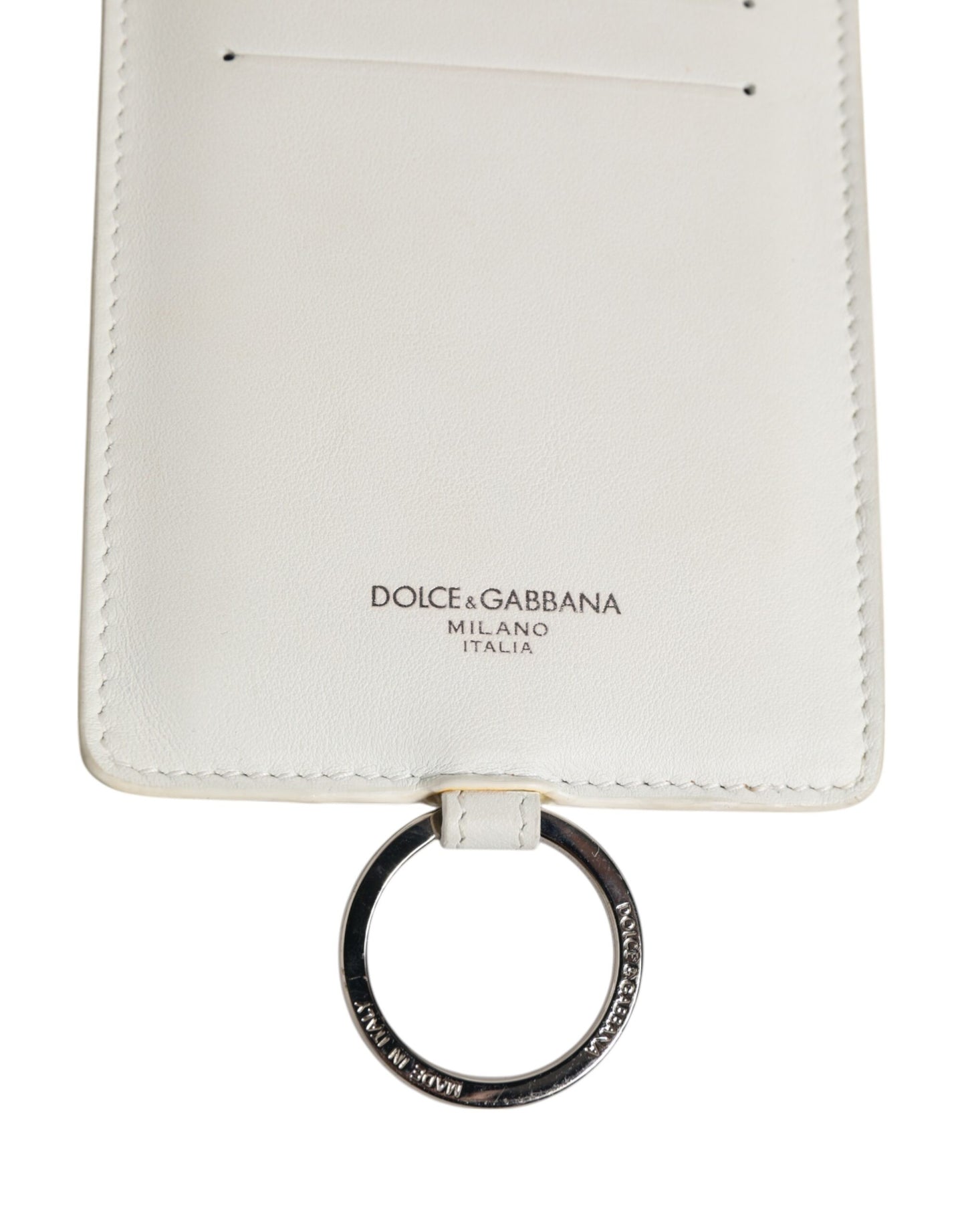 Porte-cartes homme Dolce & Gabbana en cuir de veau blanc avec cordon et logo.