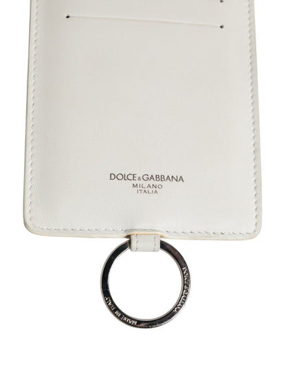 Porte-cartes homme Dolce & Gabbana en cuir de veau blanc avec cordon et logo.