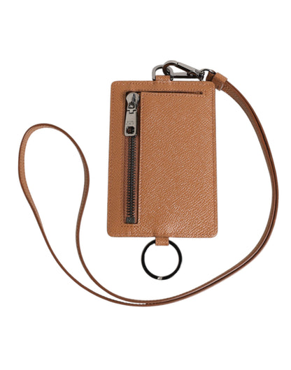 Porte-cartes homme Dolce & Gabbana en cuir marron foncé avec cordon et logo.