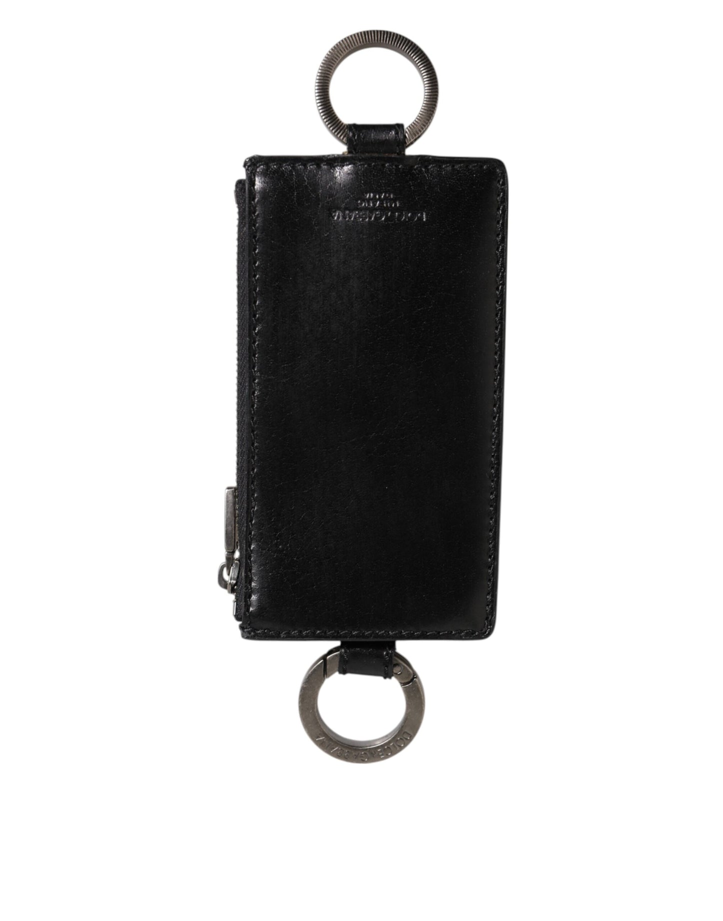 Porte-cartes et portefeuille en cuir noir Dolce & Gabbana avec logo embossé et cordon.