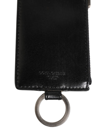Porte-cartes et portefeuille en cuir noir Dolce & Gabbana avec logo embossé et cordon.