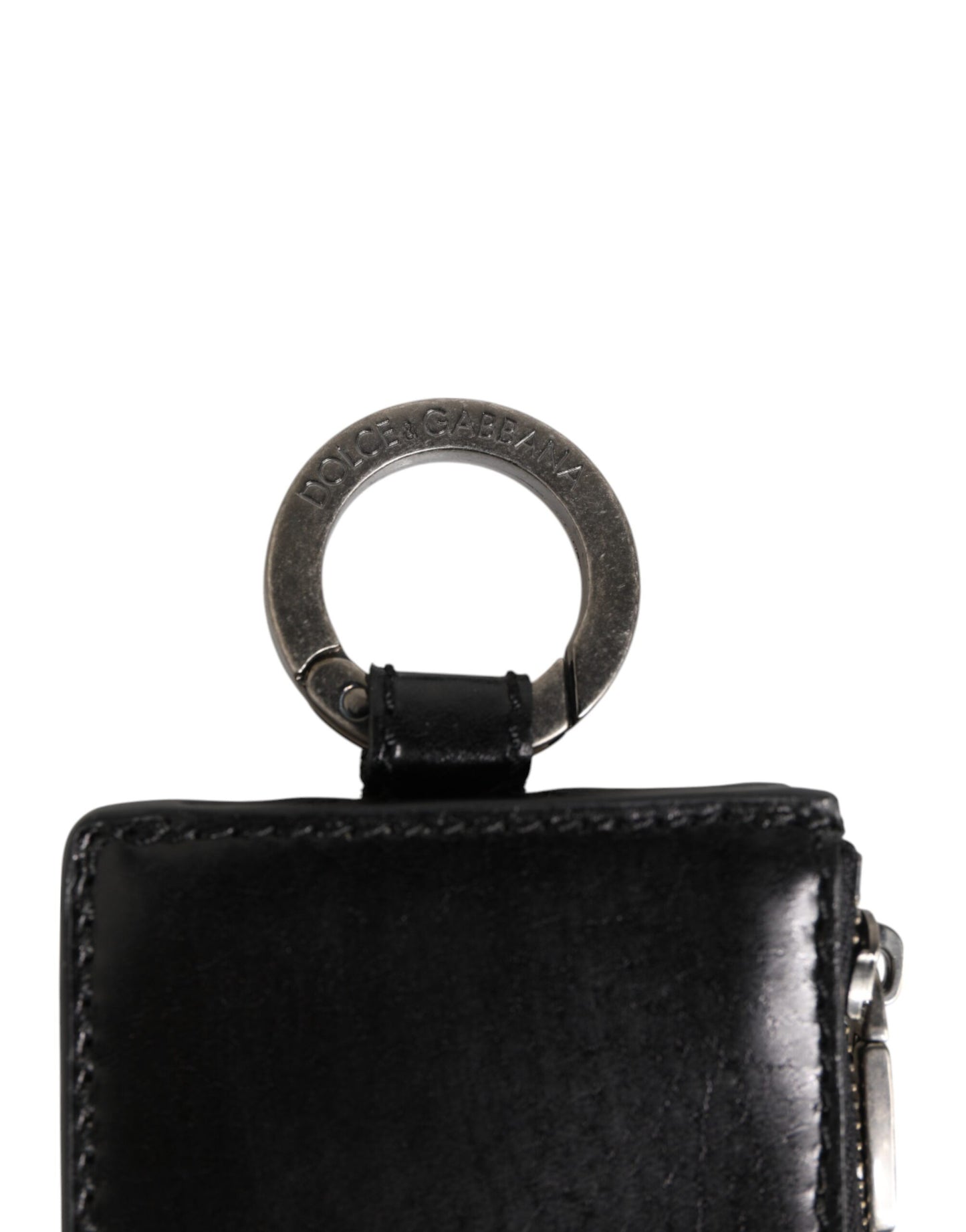 Porte-cartes et portefeuille en cuir noir Dolce & Gabbana avec logo embossé et cordon.