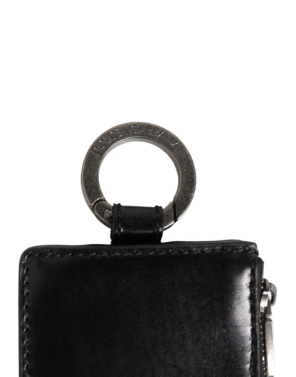 Porte-cartes et portefeuille en cuir noir Dolce & Gabbana avec logo embossé et cordon.