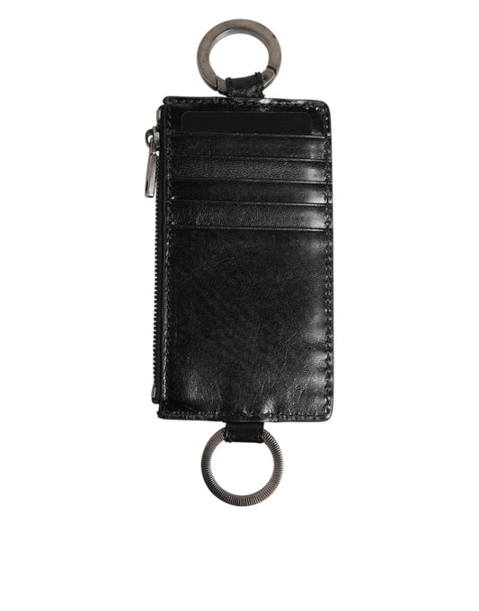 Porte-cartes et portefeuille en cuir noir Dolce & Gabbana avec logo embossé et cordon.
