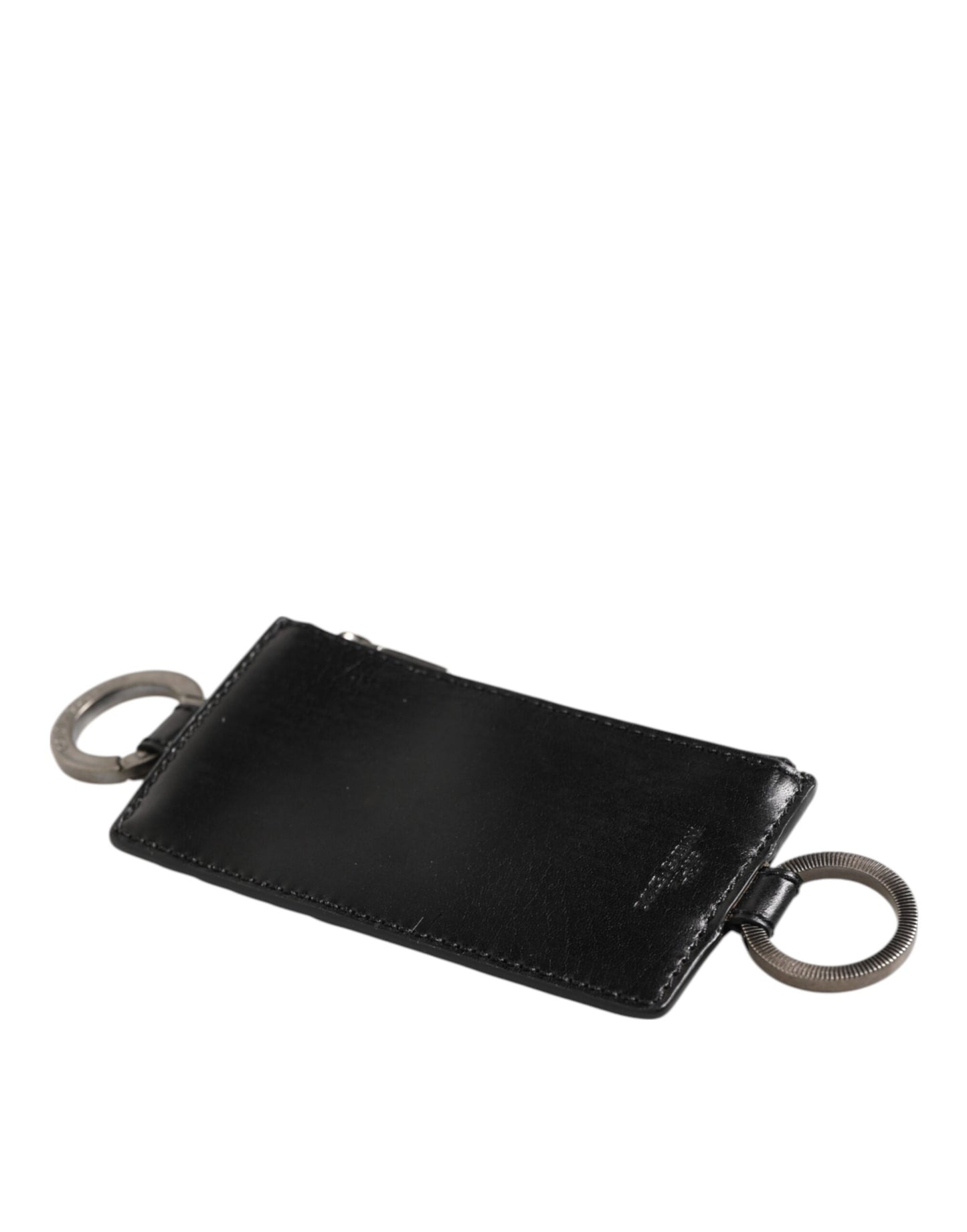 Porte-cartes et portefeuille en cuir noir Dolce & Gabbana avec logo embossé et cordon.