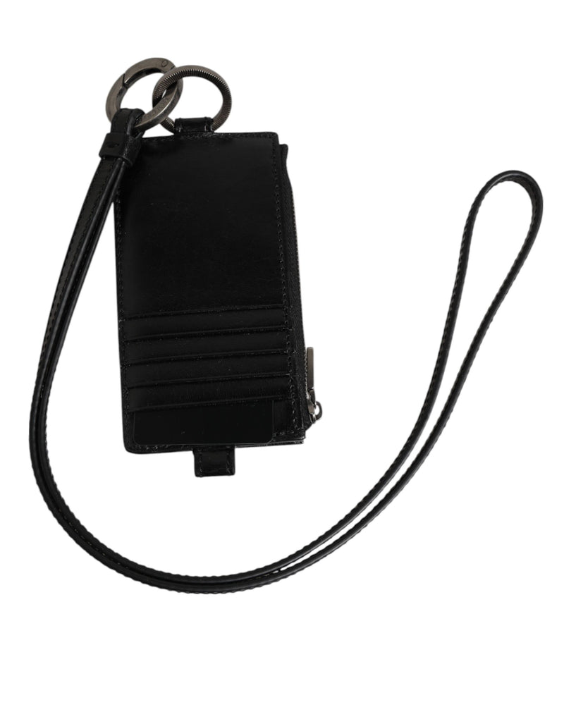 Dolce &amp; Gabbana Zwarte Leren Logo Reliëf Lanyard Kaarthouder Portemonnee