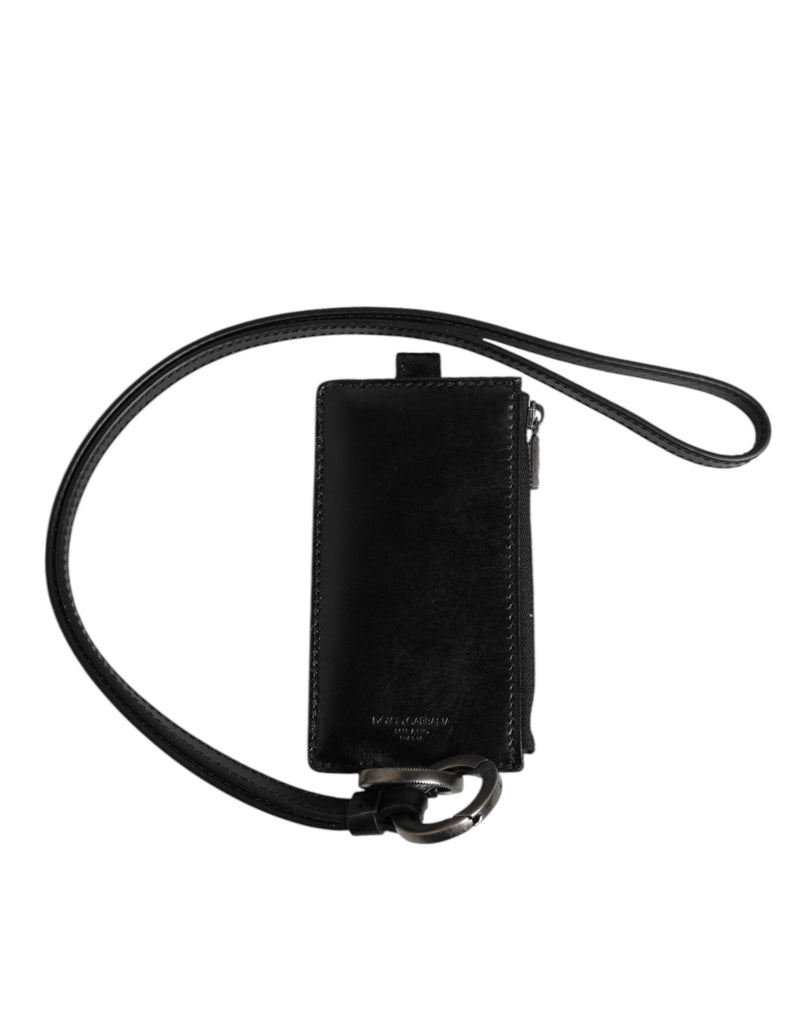 Dolce &amp; Gabbana Zwarte Leren Logo Reliëf Lanyard Kaarthouder Portemonnee