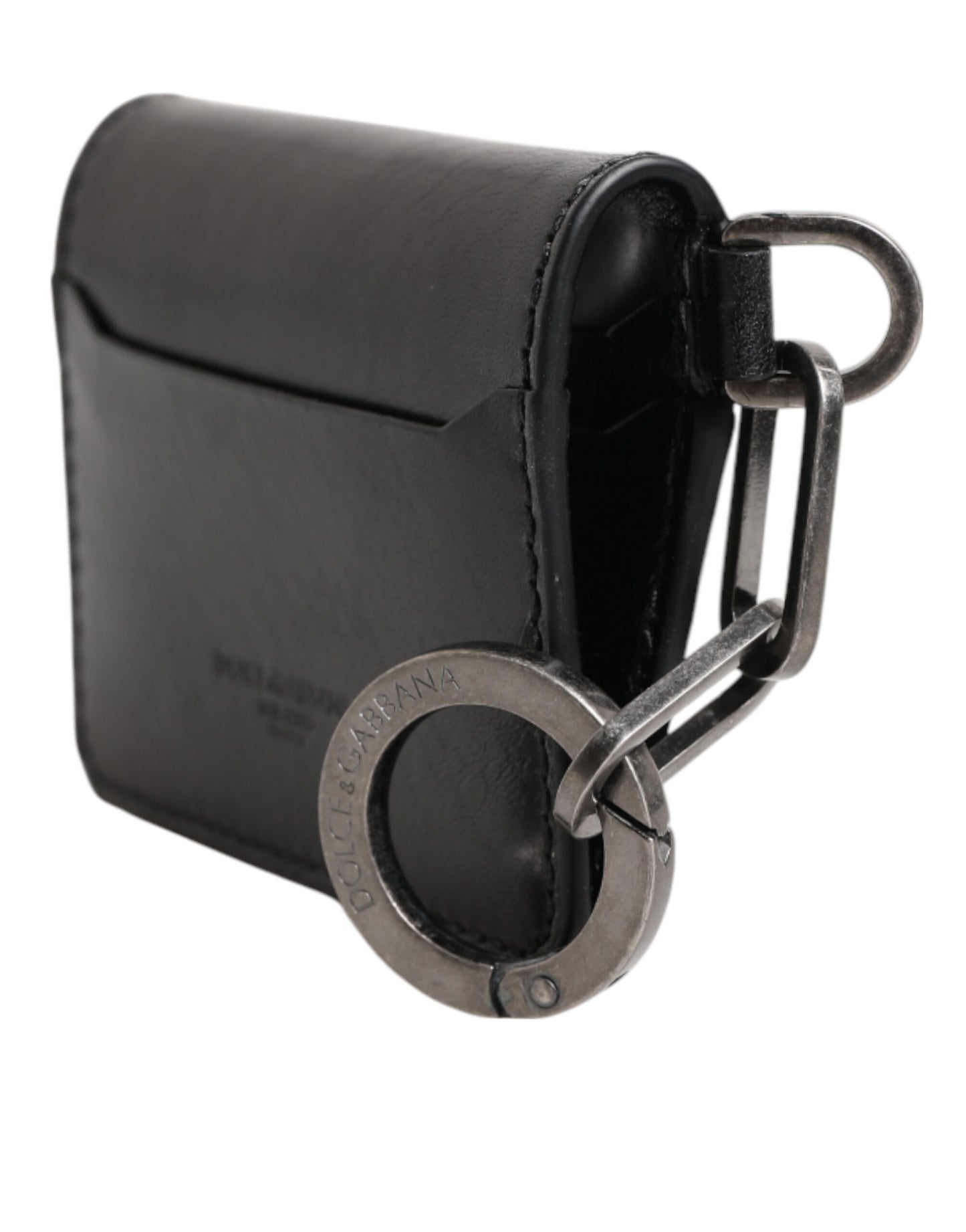 Portefeuille en cuir noir Dolce & Gabbana avec logo en relief, porte-clés et porte-cartes.