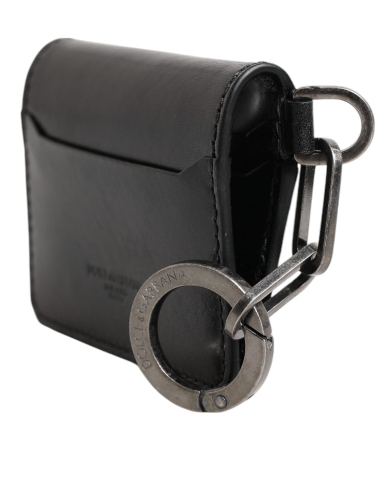 Portefeuille en cuir noir Dolce &amp; Gabbana avec logo en relief, porte-clés et porte-cartes.