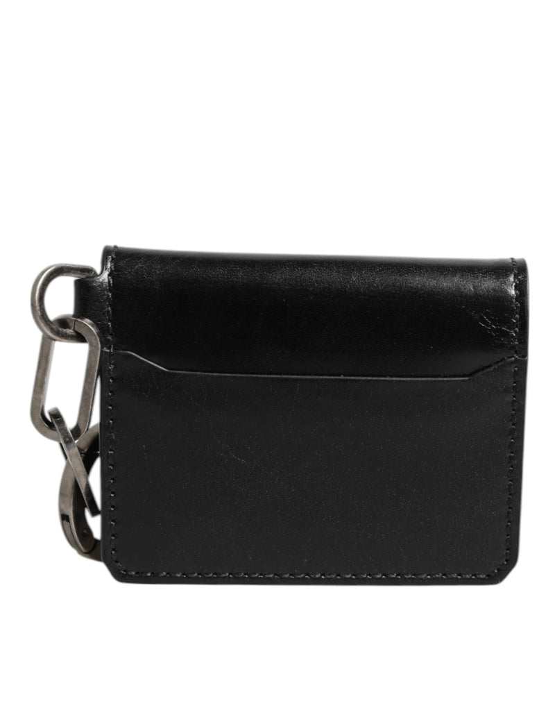 Portefeuille en cuir noir Dolce &amp; Gabbana avec logo en relief, porte-clés et porte-cartes.