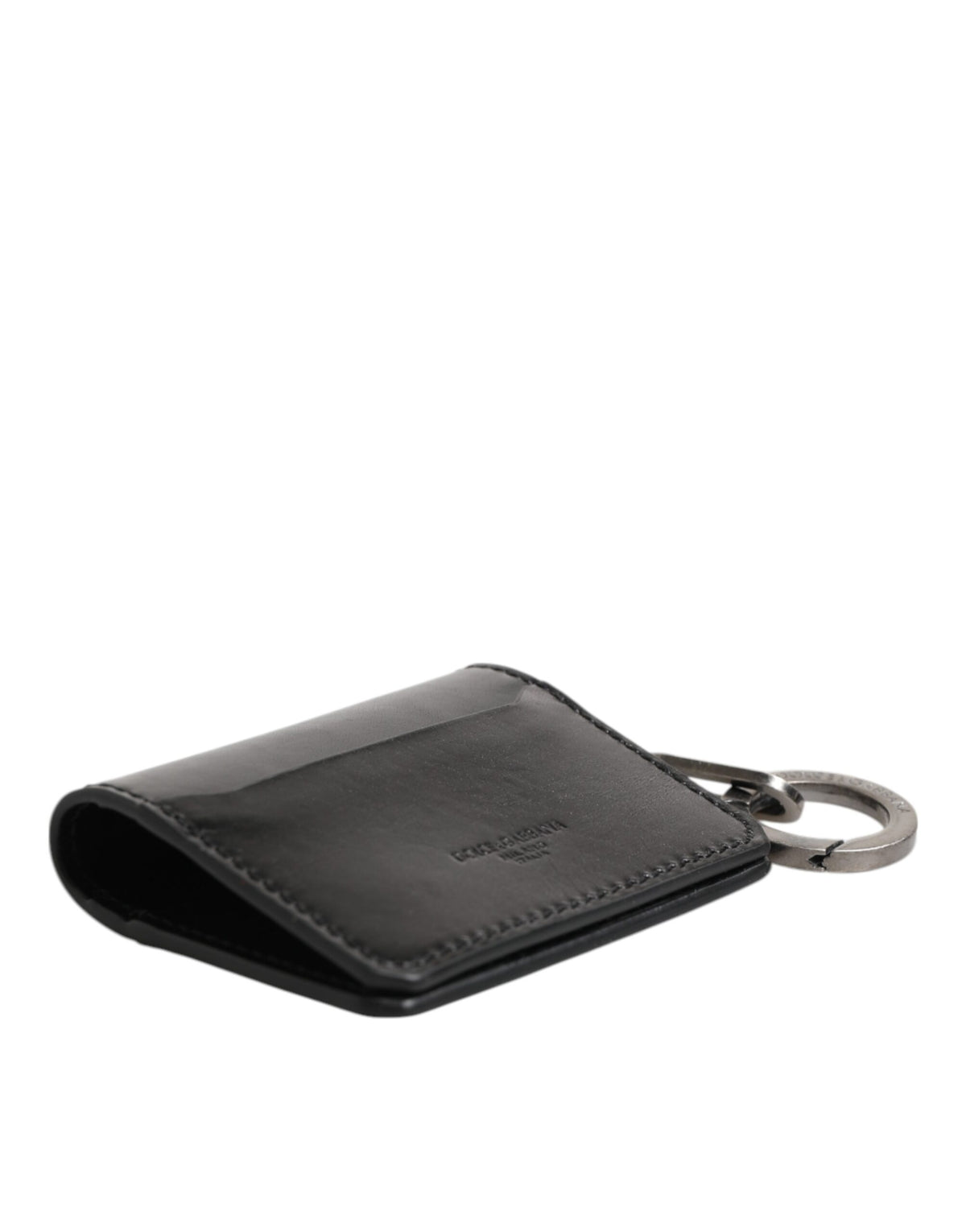 Portefeuille en cuir noir Dolce &amp; Gabbana avec logo en relief, porte-clés et porte-cartes.