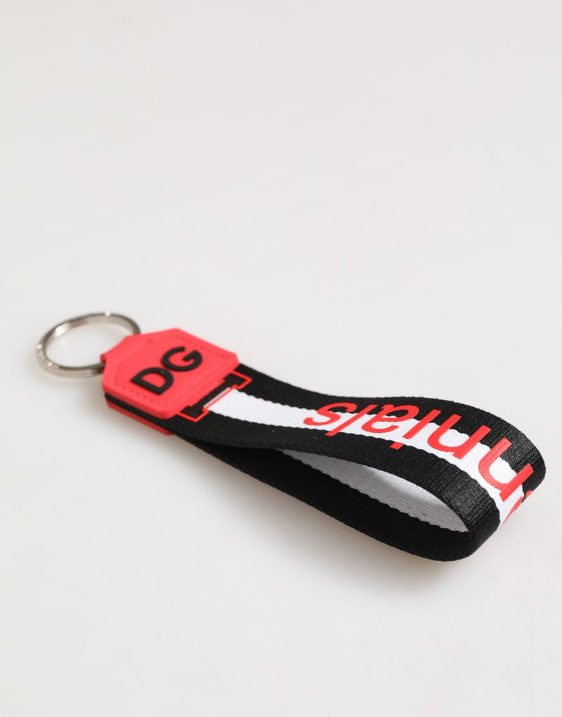 Porte-clés Dolce &amp; Gabbana en polyester et laiton avec logo DG rouge et blanc.