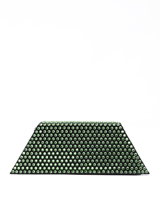 Mini sac bandoulière Amina Muaddi en satin noir et cristaux verts