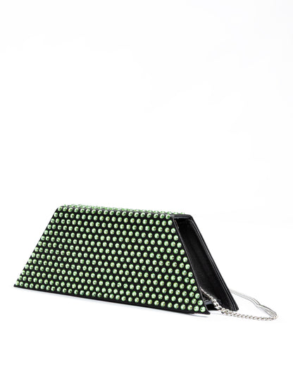 Mini sac bandoulière Amina Muaddi en satin noir et cristaux verts