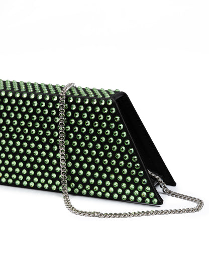 Mini sac bandoulière Amina Muaddi en satin noir et cristaux verts