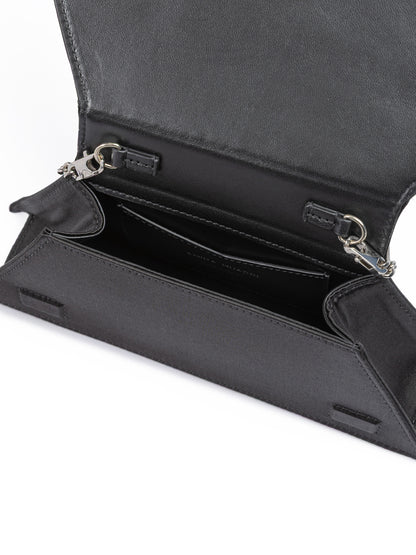Mini sac bandoulière Amina Muaddi en satin noir et cristaux verts