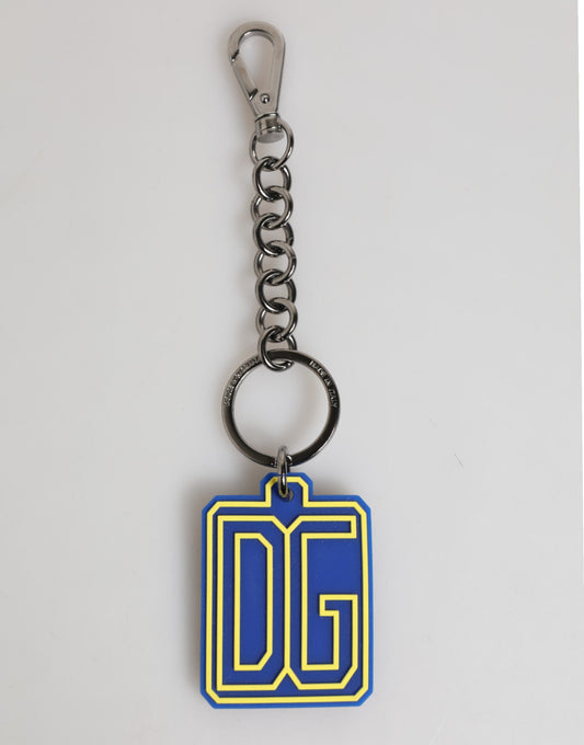 Porte-clés pour homme Dolce &amp; Gabbana, logo DG en caoutchouc bleu et jaune, argenté.