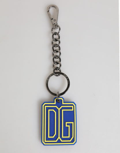 Porte-clés pour homme Dolce &amp; Gabbana, logo DG en caoutchouc bleu et jaune, argenté.