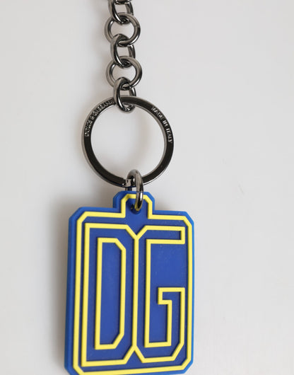 Porte-clés pour homme Dolce &amp; Gabbana, logo DG en caoutchouc bleu et jaune, argenté.