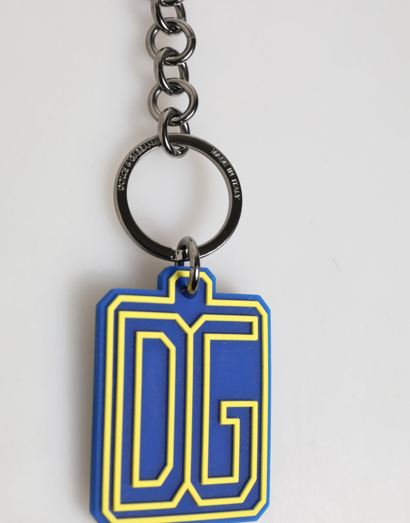 Dolce &amp; Gabbana Blauw Geel DG Rubber Logo Zilveren Heren Sleutelhanger