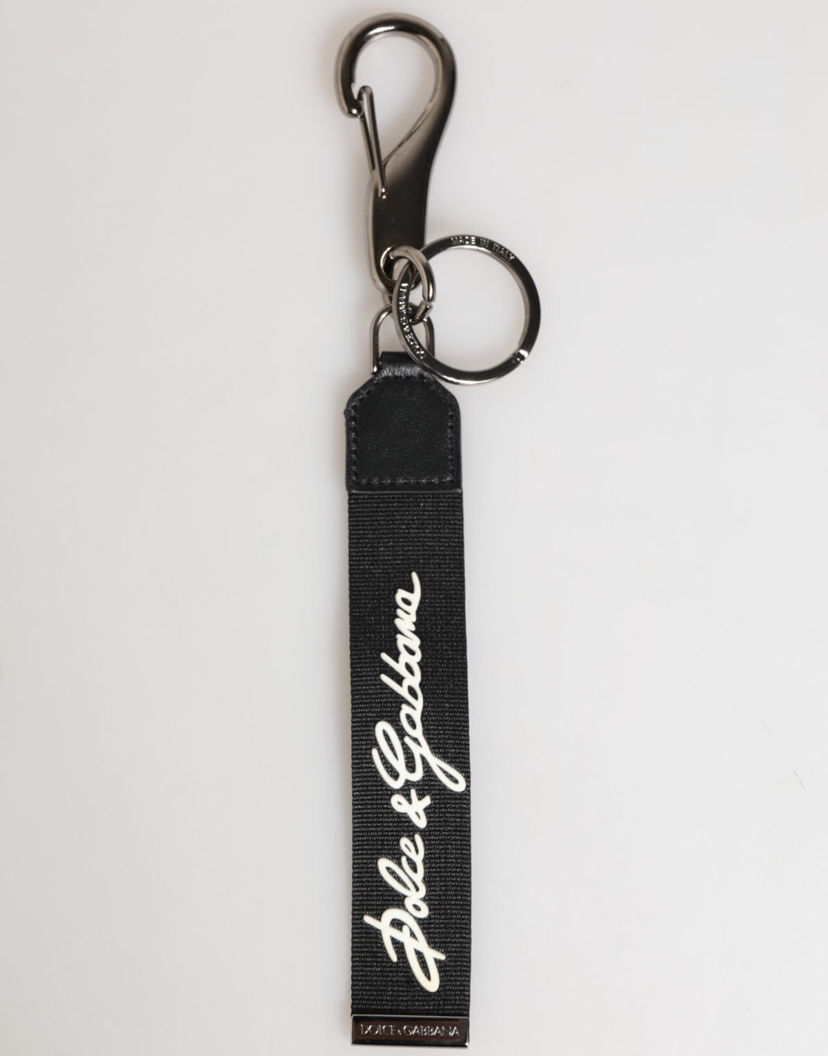 Porte-clés pour homme Dolce &amp; Gabbana en polyester noir et blanc avec logo DG argenté.