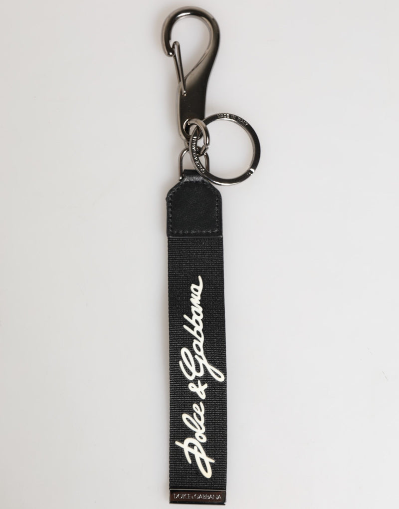 Dolce &amp; Gabbana zwarte en witte polyester sleutelhanger met DG-logo en zilveren details voor heren.