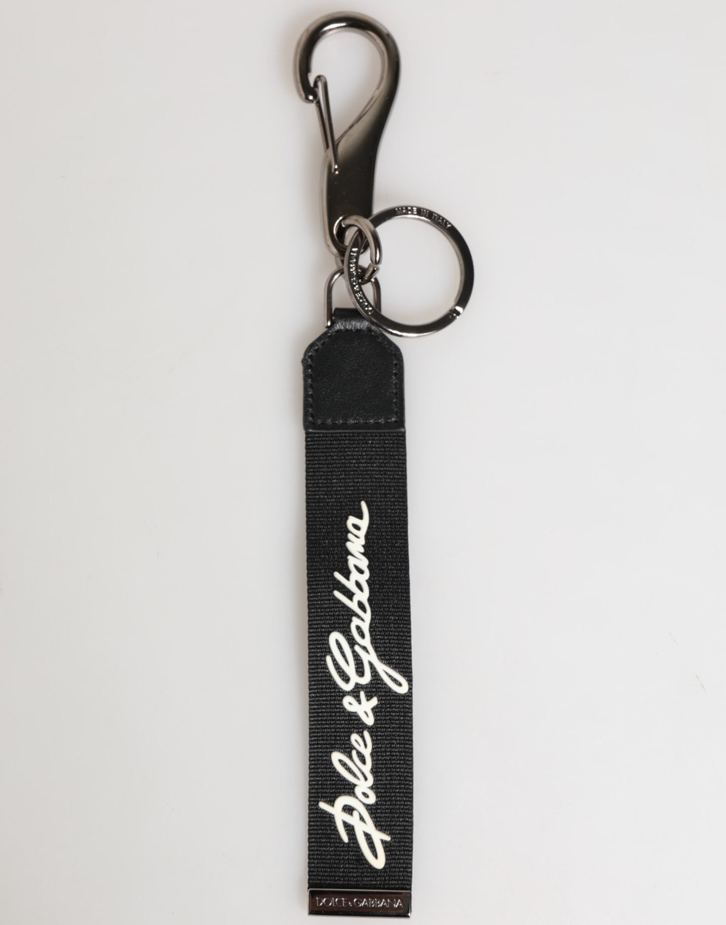 Porte-clés pour homme Dolce &amp; Gabbana en polyester noir et blanc avec logo DG argenté.