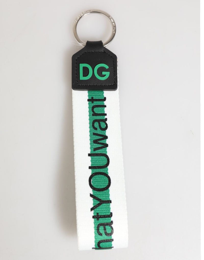 Dolce &amp; Gabbana Green Logo Polyester Zilveren Messing Houder Sleutelhanger Sleutelhanger