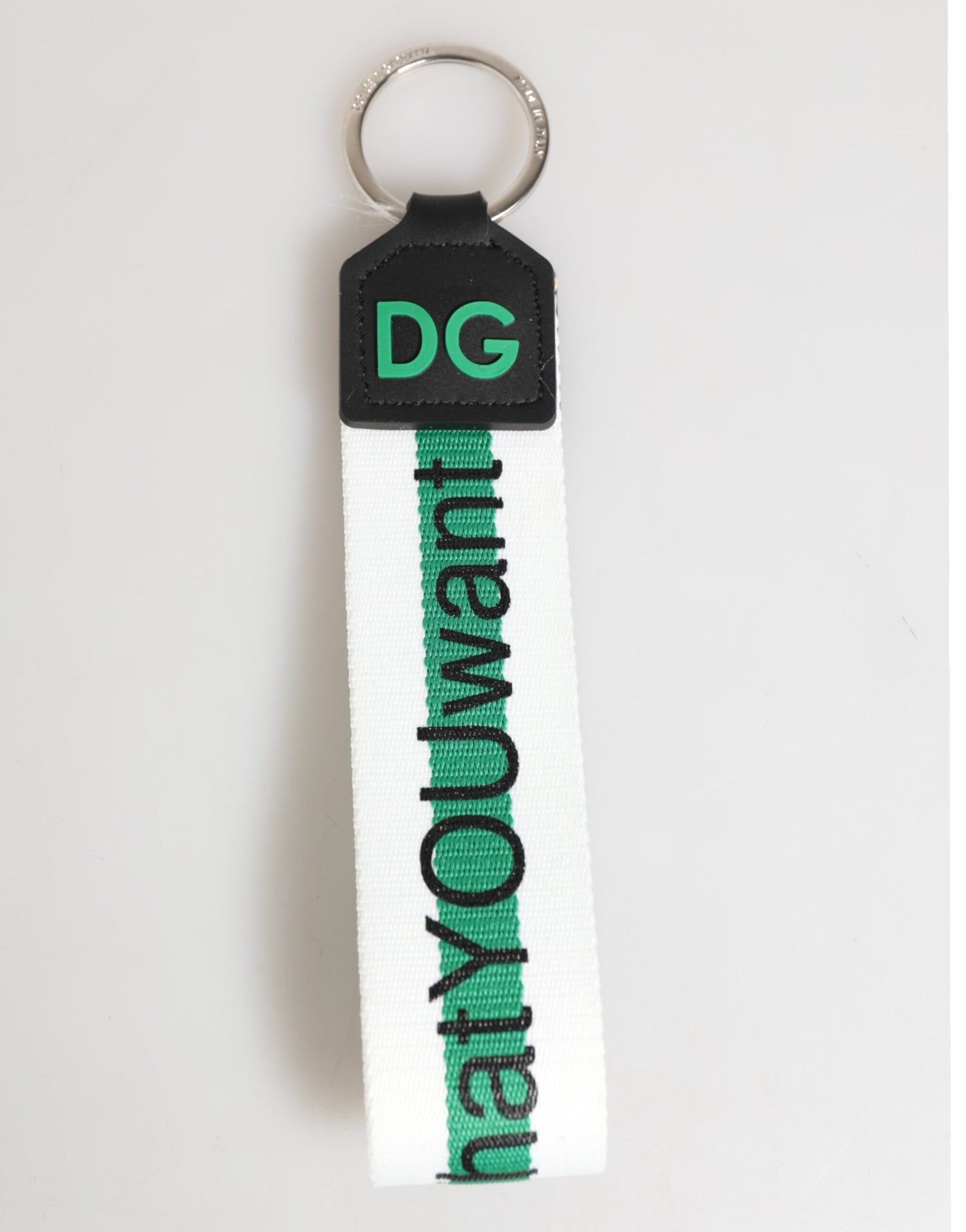 Porte-clés Dolce &amp; Gabbana en polyester vert avec logo, porte-clés en laiton argenté.