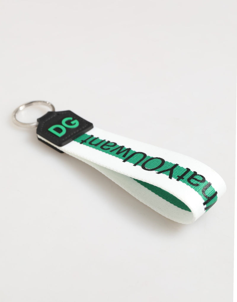 Dolce &amp; Gabbana Green Logo Polyester Zilveren Messing Houder Sleutelhanger Sleutelhanger