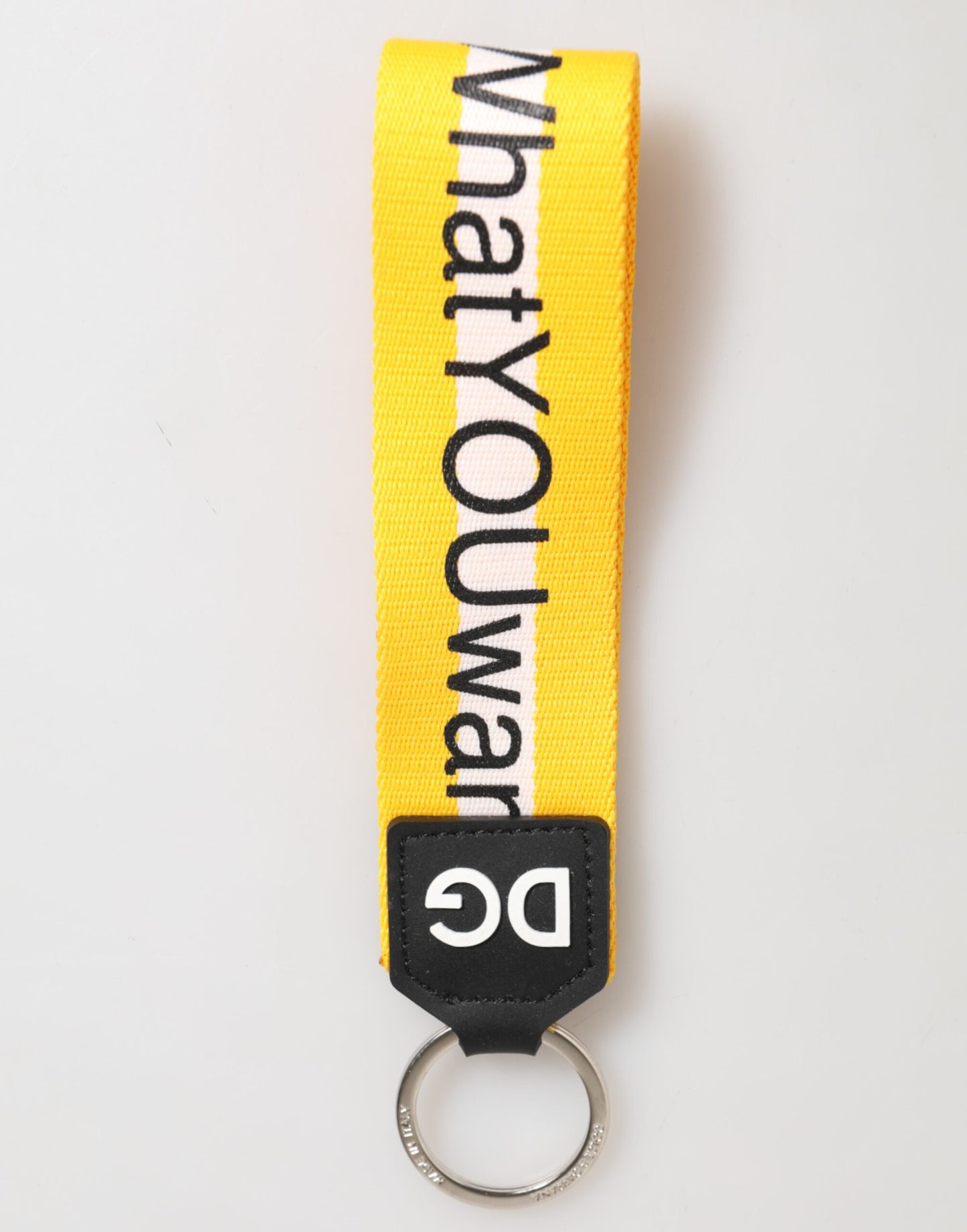 Porte-clés en polyester jaune avec logo Dolce &amp; Gabbana, porte-clés en laiton argenté.
