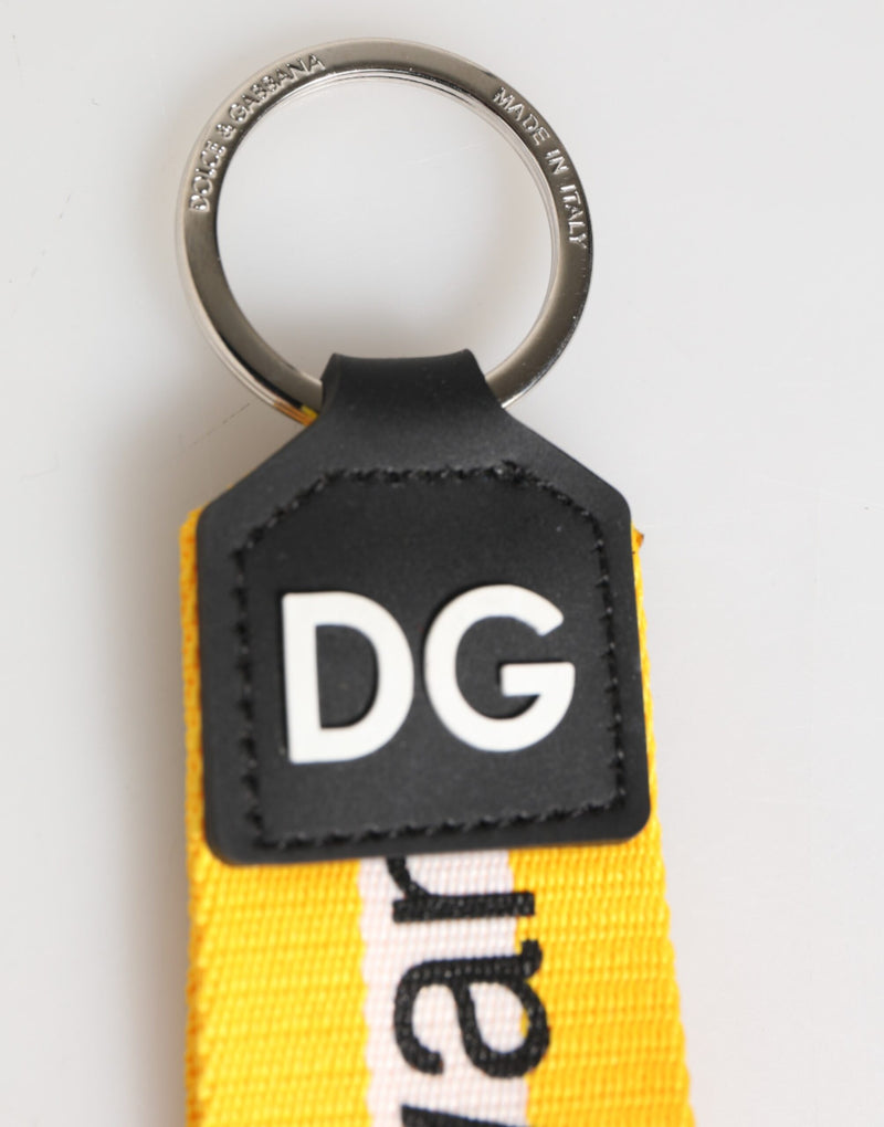Porte-clés en polyester jaune avec logo Dolce &amp; Gabbana, porte-clés en laiton argenté.