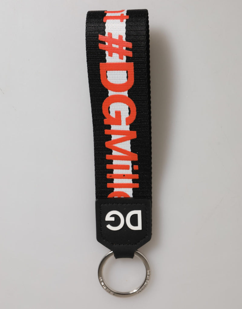 Dolce &amp; Gabbana zwarte en rode logo polyester sleutelhanger met messing hanger