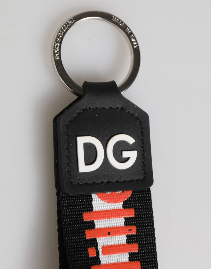 Dolce &amp; Gabbana zwarte en rode logo polyester sleutelhanger met messing hanger