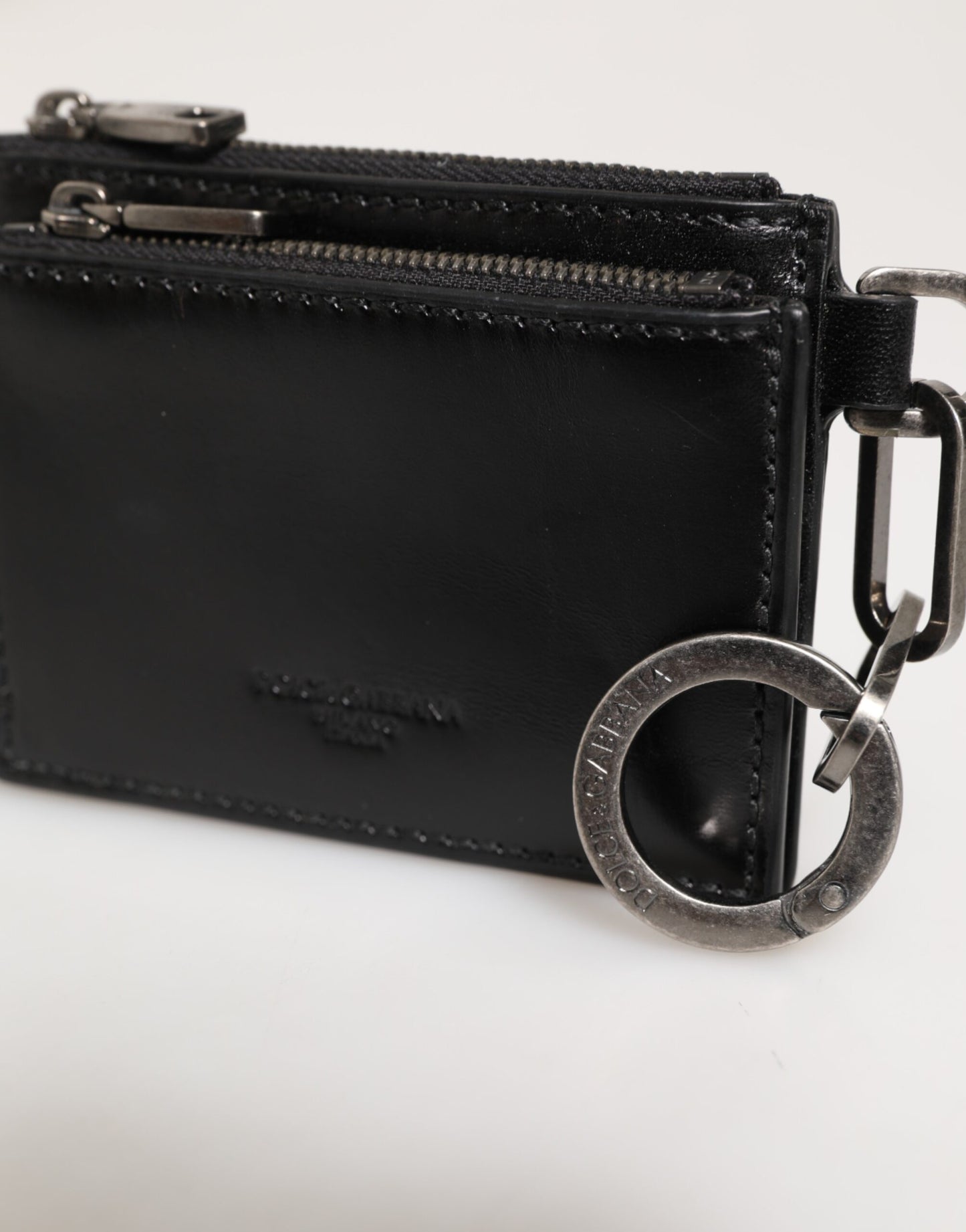 Porte-cartes à fermeture éclair en cuir noir, porte-monnaie et porte-clés Dolce &amp; Gabbana