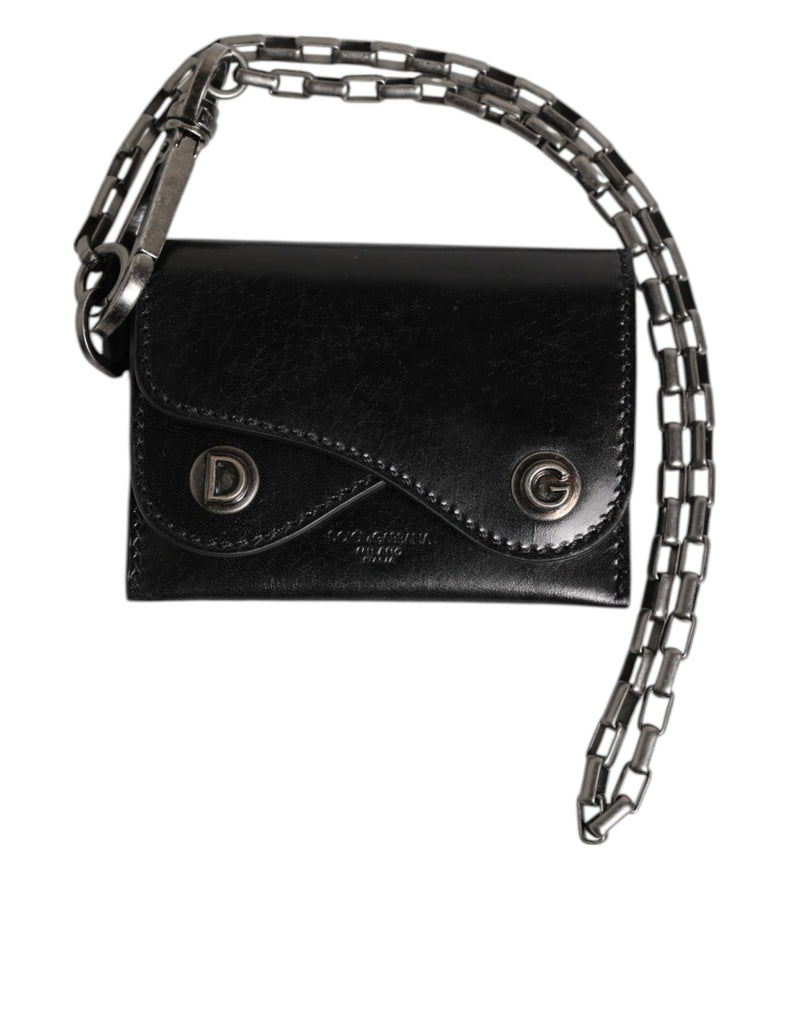 Dolce &amp; Gabbana Zwarte Cavallo Leren Portemonnee Ketting Drukknoop Bifold Kaarthouder