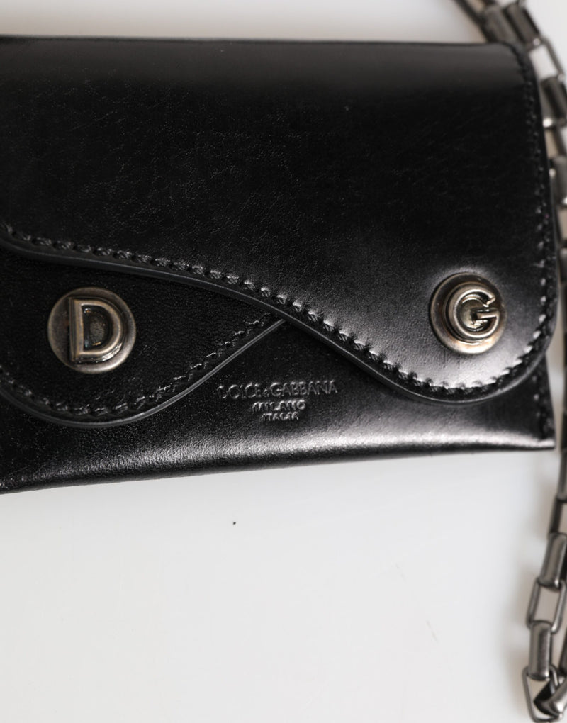 Dolce &amp; Gabbana Zwarte Cavallo Leren Portemonnee Ketting Drukknoop Bifold Kaarthouder