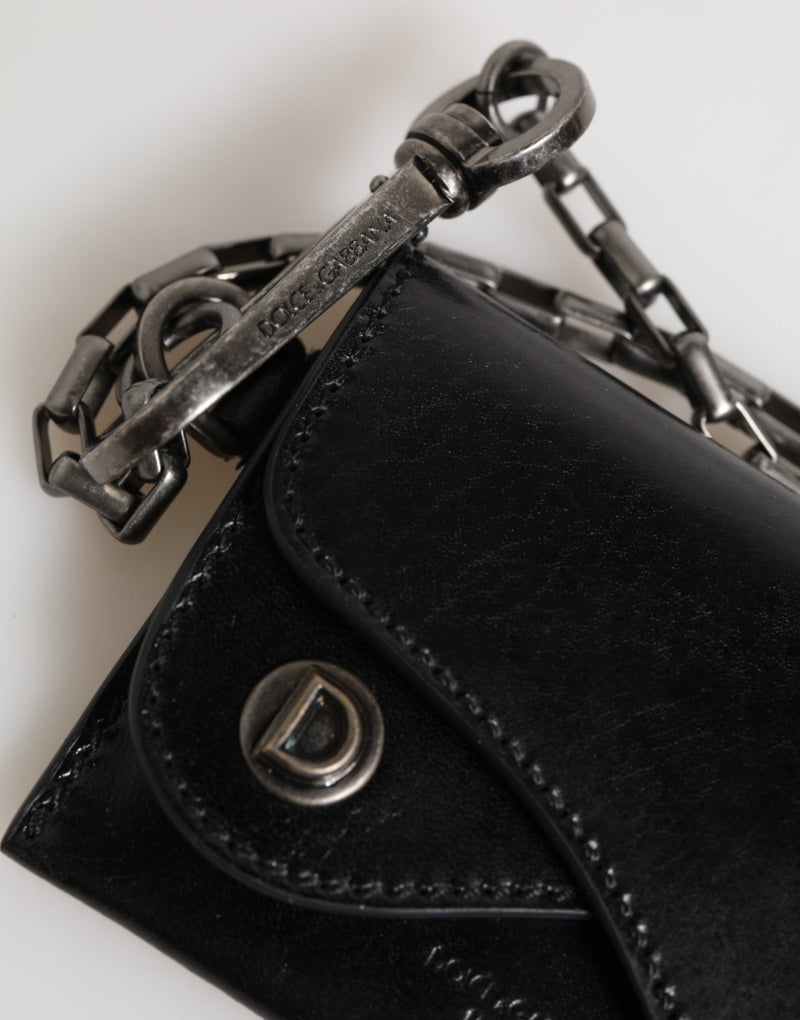 Dolce &amp; Gabbana Zwarte Cavallo Leren Portemonnee Ketting Drukknoop Bifold Kaarthouder