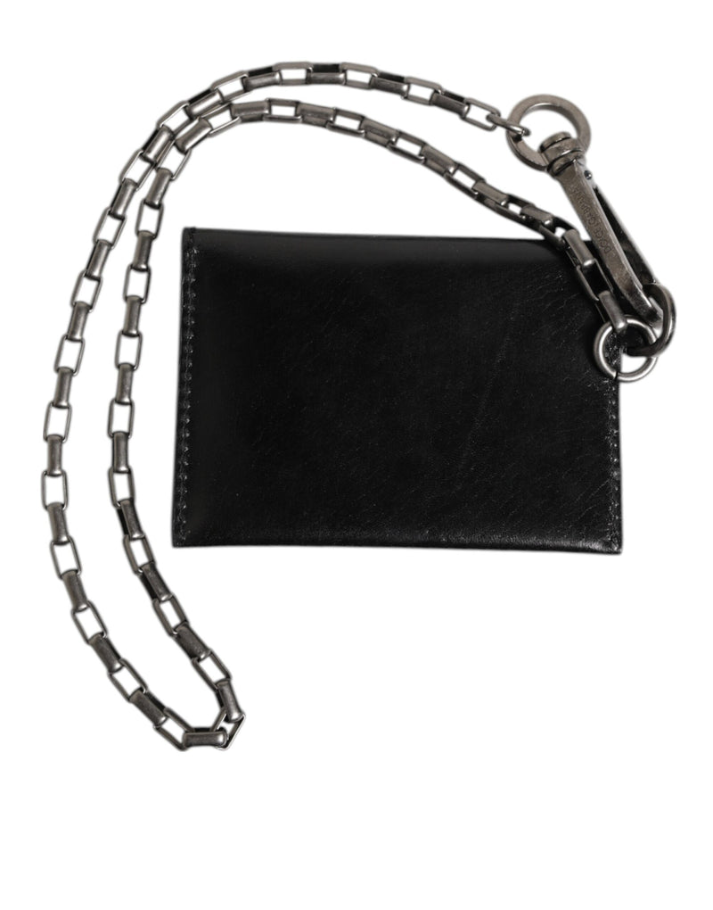 Dolce &amp; Gabbana Zwarte Cavallo Leren Portemonnee Ketting Drukknoop Bifold Kaarthouder
