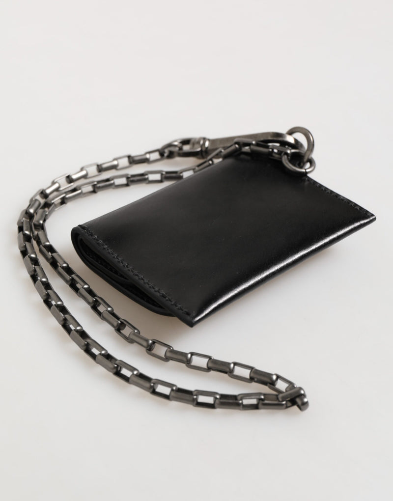 Dolce &amp; Gabbana Zwarte Cavallo Leren Portemonnee Ketting Drukknoop Bifold Kaarthouder