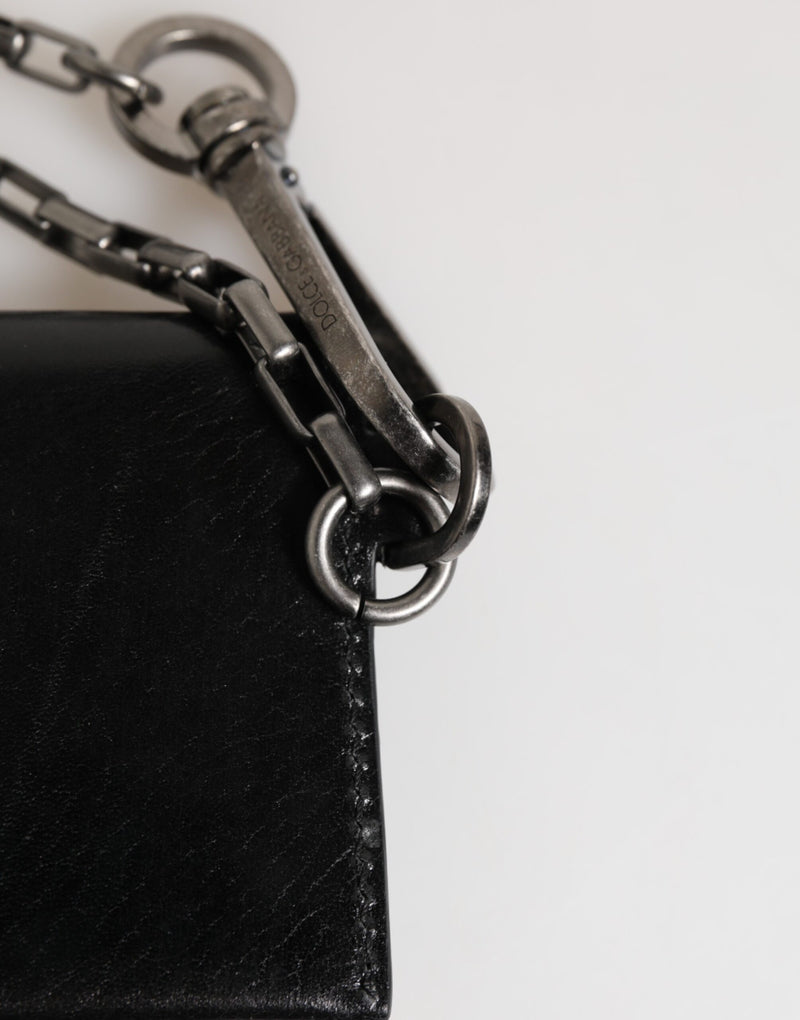 Dolce &amp; Gabbana Zwarte Cavallo Leren Portemonnee Ketting Drukknoop Bifold Kaarthouder