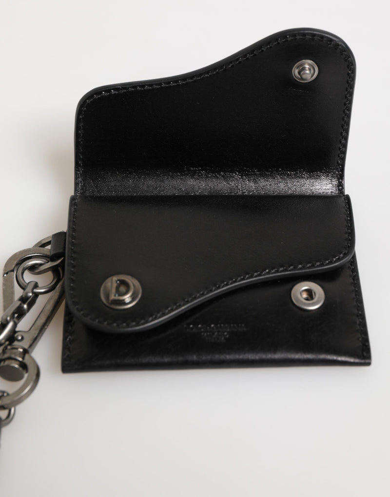 Dolce &amp; Gabbana Zwarte Cavallo Leren Portemonnee Ketting Drukknoop Bifold Kaarthouder